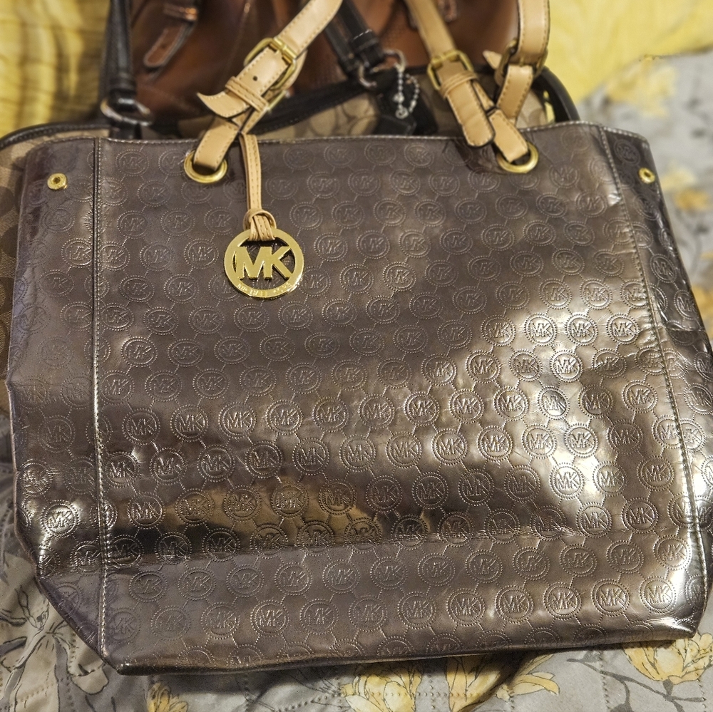 Michael Kors Shiny Brown Tote with Gold Accents